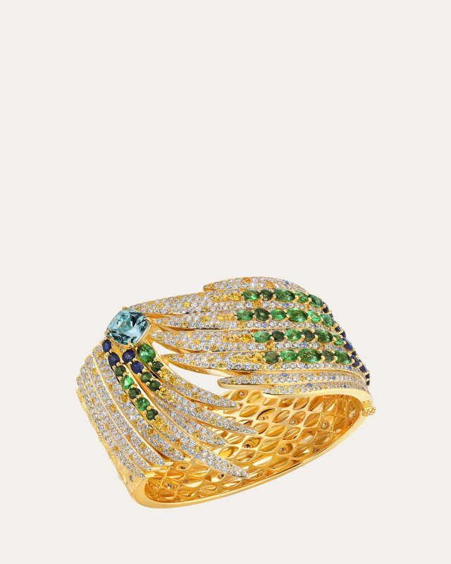 18K Yellow Gold Pssaro Cuff Bracelet with Diamonds and Gemstones